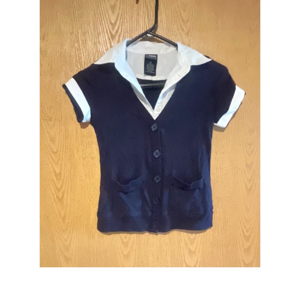 GIRLS NAVY BLUE PREPPY CARDIGAN WITH WHITE ACCENTS BUTTON DOWN BY FRENCH TOAST!